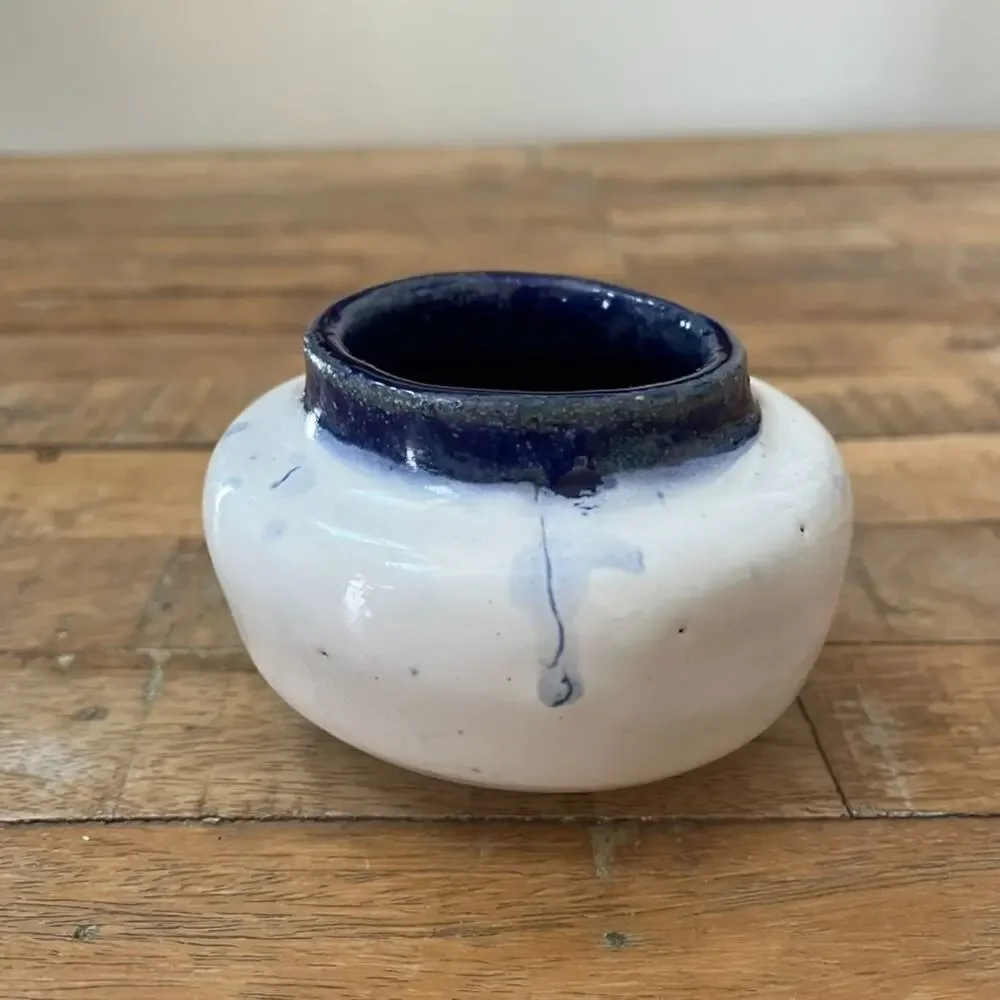 Vintage Studio Art Pottery Bud Vase Blue Rim Textured Glaze